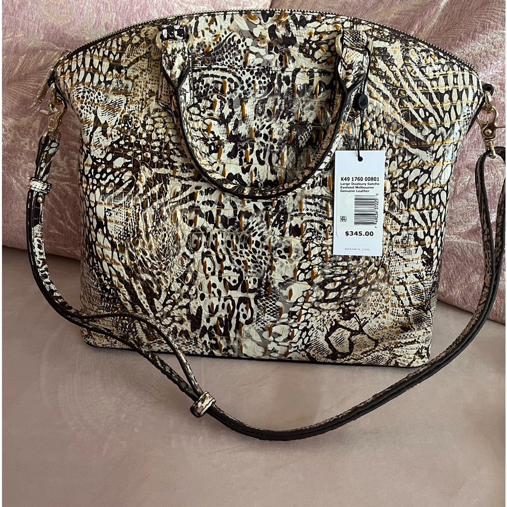 NWT~Brahmin Multicolor Animal Print Satchel in Cream, Black and Brown